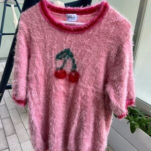 Lola + The Boys Pink Fuzzy Sweater with Cherry Design